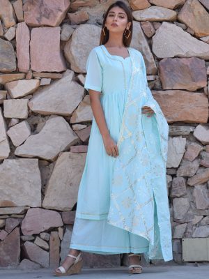 Sky Blue Ethnic Gher Pleated Kurta Plazzo And Dupatta