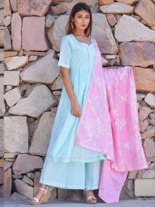 Ethnic Gher Pleated Kurta Plazzo And Dupatta