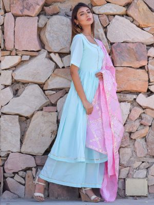 Ethnic Gher Pleated Kurta Plazzo And Dupatta
