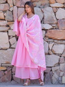 Pink Ethnic Gher Pleated Kurta Plazzo And Dupatta