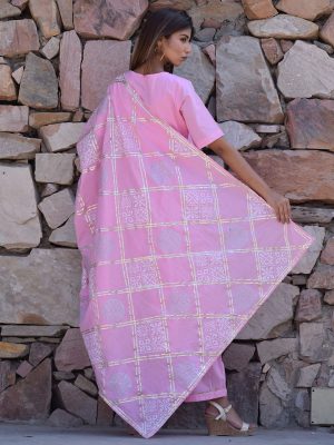 Pink Ethnic Gher Pleated Kurta Plazzo And Dupatta