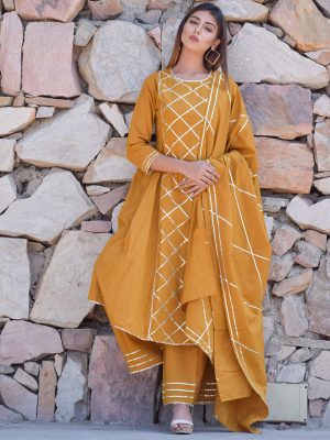 Yellow Plain Cotton Kurta With Dupatta