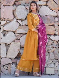 Mustard Plain Cotton Kurta Sets