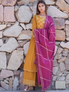 Mustard Plain Cotton Kurta Sets