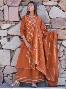 Brown Plain Cotton Kurta Sets