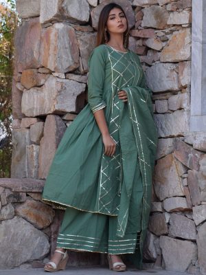 Light-Olive Plain Cotton Kurta Sets