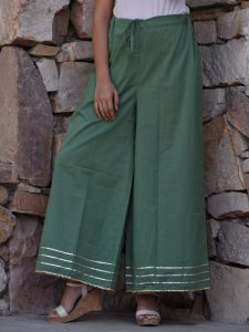 Light-Olive Plain Cotton Ethnic Gota Work Kurta Plazzo And Dupatta