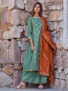 Light-Olive Plain Cotton Ethnic Gota Work Kurta Palazzo And Dupatta