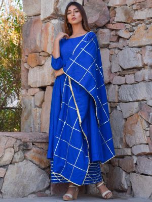 Blue Ethnic Mukaish Work Kurta Plazzo And Dupatta