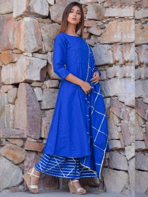 Blue Ethnic Mukaish Work Kurta Plazzo And Dupatta