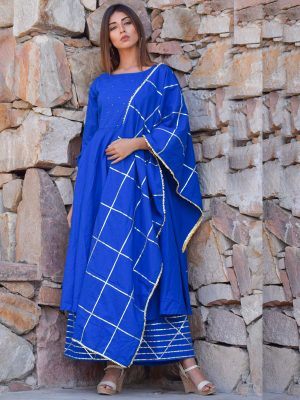 Blue Ethnic Mukaish Work Kurta Palazzo And Dupatta