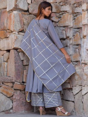 Gray Ethnic Mukaish Work Kurta Plazzo And Dupatta