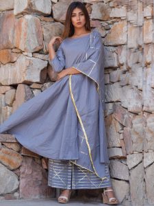 Gray Ethnic Mukaish Work Kurta Palazzo And Dupatta