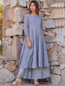 Gray Ethnic Mukaish Work Kurta Plazzo And Dupatta