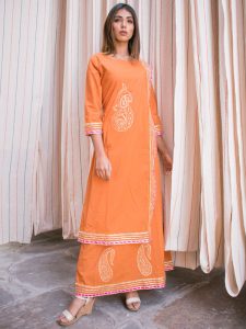 Yellow Mehroo Ethnic Work Kurta And Dupatta