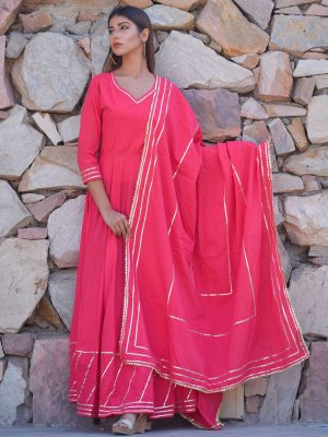 Pink Plain Cotton Kurta With Dupatta