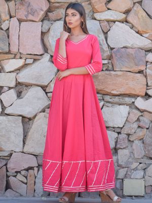 Pink Plain Cotton Kurta With Dupatta