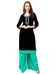 Black Slub Cotton Embroidered Kurti