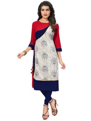 Red & Blue Cotton Print Kurti