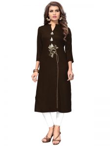 Brown Reyon Print Embroidered Kurti