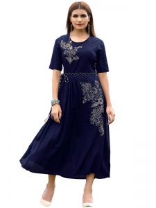 Navy Blue Reyon Print Embroidered Kurti