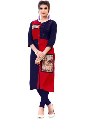 Red & Blue Reyon Print & Handwork Kurti