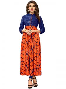 Orange Reyon Hand Printed Kurti