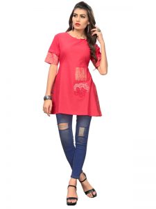 Pink Cotton Embroidered Kurti