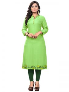 Parrot Green Rayon Plain Embroidered Kurti