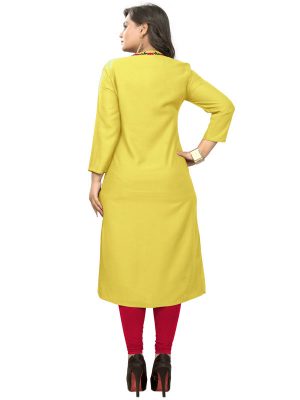 Yellow Rayon Plain Embroidered Kurti