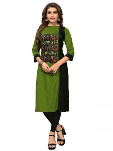 Green,Black Rayon Printed Hand Work Kurti