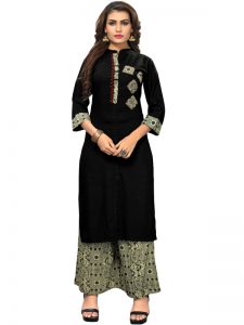 Black Rayon Printed Hand Work Kurti