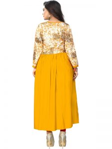 Yellow Rayon Printed Embroidered Kurti