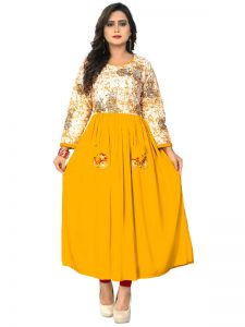 Yellow Rayon Printed Embroidered Kurti