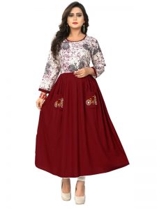 Maroon Rayon Printed Embroidered Kurti