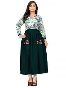 Green Rayon Printed Embroidered Kurti