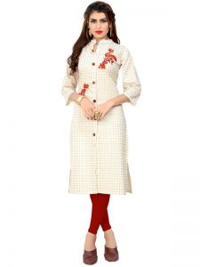 White Cotton Printed Embroidered Kurti