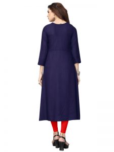 Blue Rayon Plain Embroidered Kurti