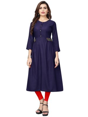 Blue Rayon Plain Embroidered Kurti