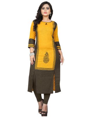 Yellow Slab Cotton Printed Kurti