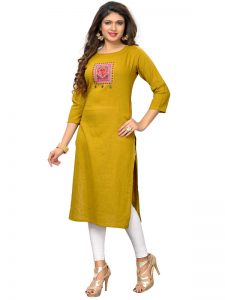 Yellow Slab Cotton Embroidered Kurti