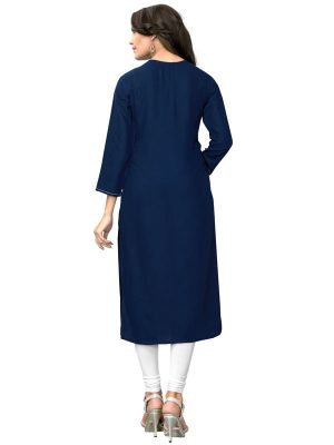 Navy Blue Rayon Plain & Hand Work Kurti