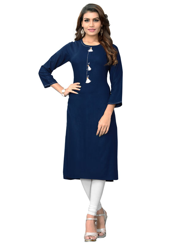 Navy Blue Rayon Plain & Hand Work Kurti - Zakarto