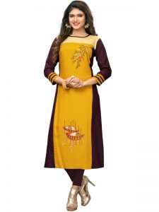 Yellow Rayon Embroidered Kurti