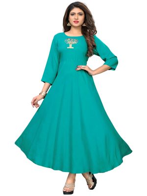 Sky Blue Rayon Hand Work & Embroidered Kurti