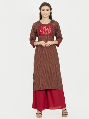Maroon Rayon Printed & Embroidered Kurti