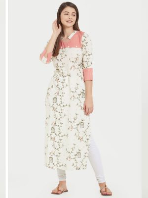 Off White Cotton Printed Kurti