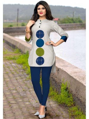 Grey Flax Cotton Patch Work Kurti