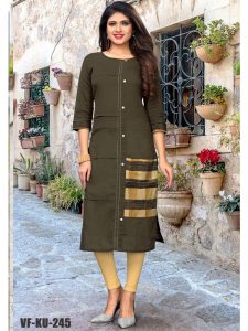 Brown Slub Cotton Solid Kurti