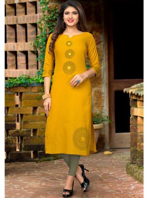 Yellow Slub Cotton Printed Kurti